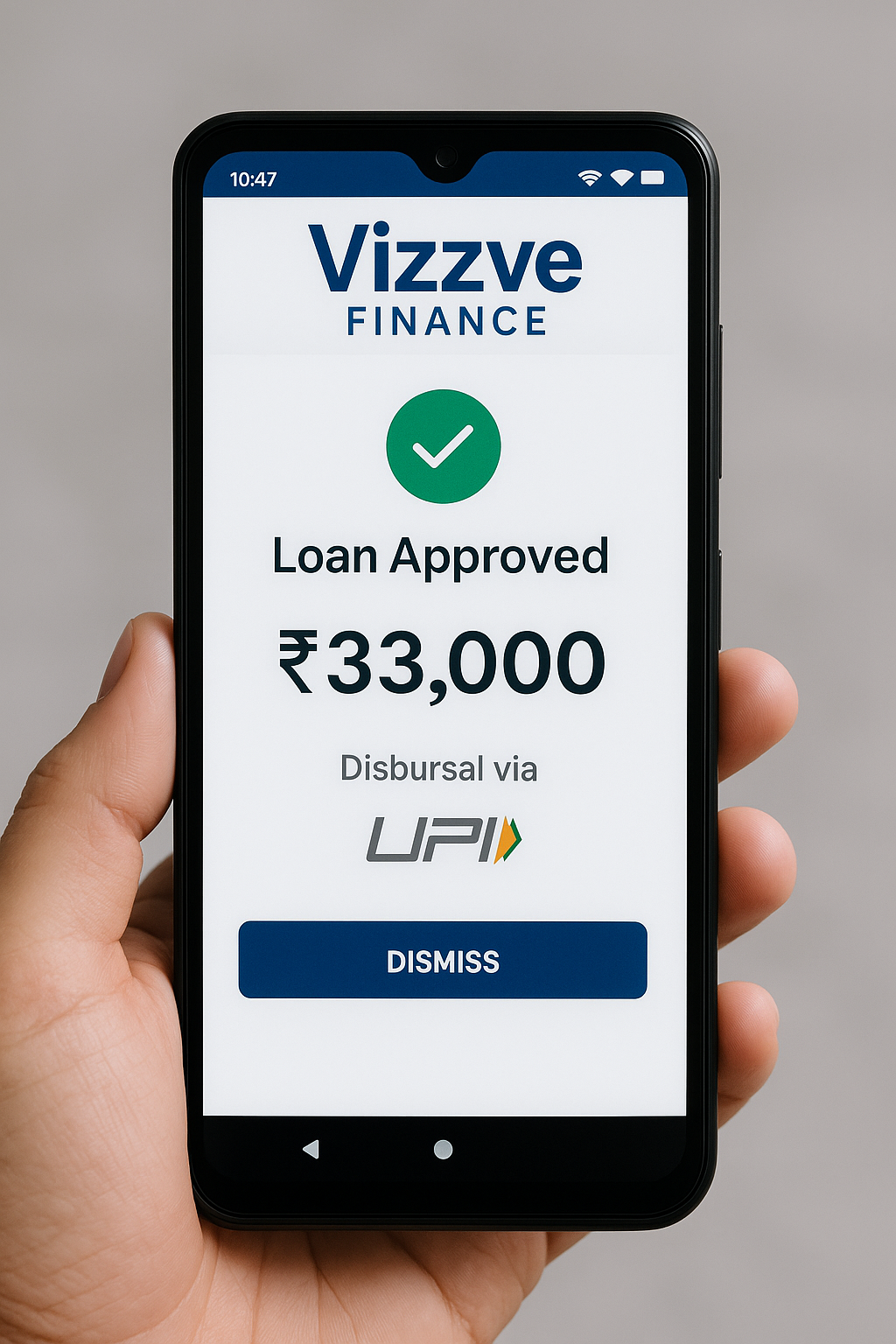 Vizzve finance screen showing ₹33,000 instant loan approval and UPI disbursal
